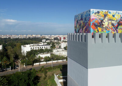 Landscape view, tower of the library painted by JonOne, Rabat